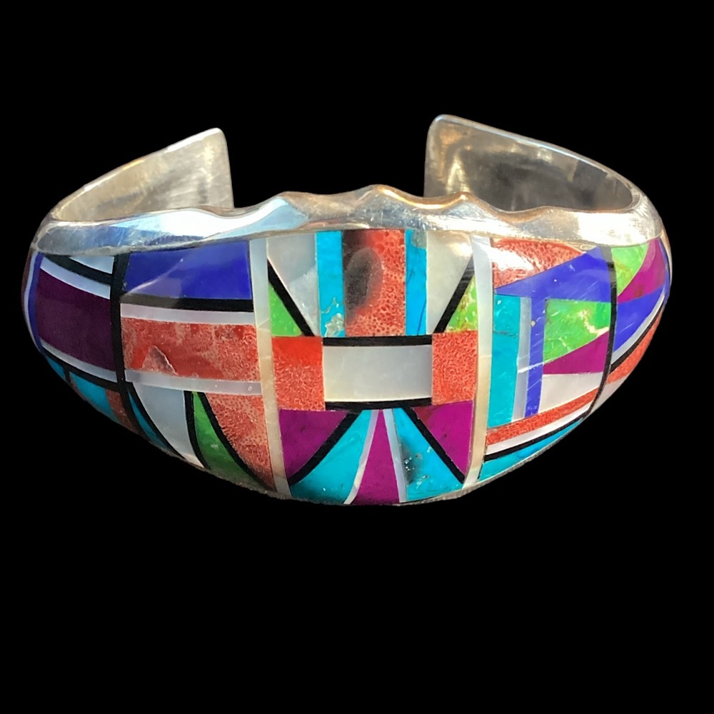 Sterling Silver Turquoise, Lapis lazuli, Coral & Mother of Pearl Cuff Bracelet